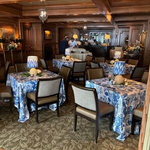 Blue and White Floral Table Linens ( curtains!) for Dining